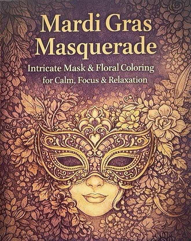 Mardi Gras Masquerade: Intricate Mask & Floral Coloring for Calm, Focus & Relaxation cover